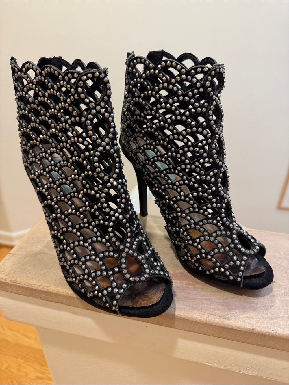 Embellished Black Cutout High-Heel Booties